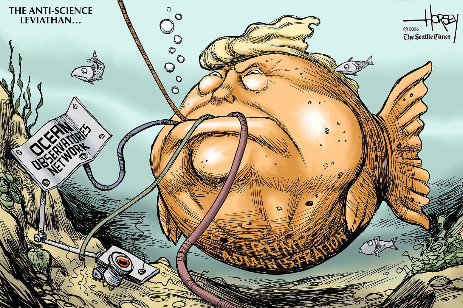 
                                This photo is titled “The Anti-Science Leviathan…” It depicts Donald Trump as an angry, fat goldfish biting the cable to destroy the Ocean Observatories Network."
                            