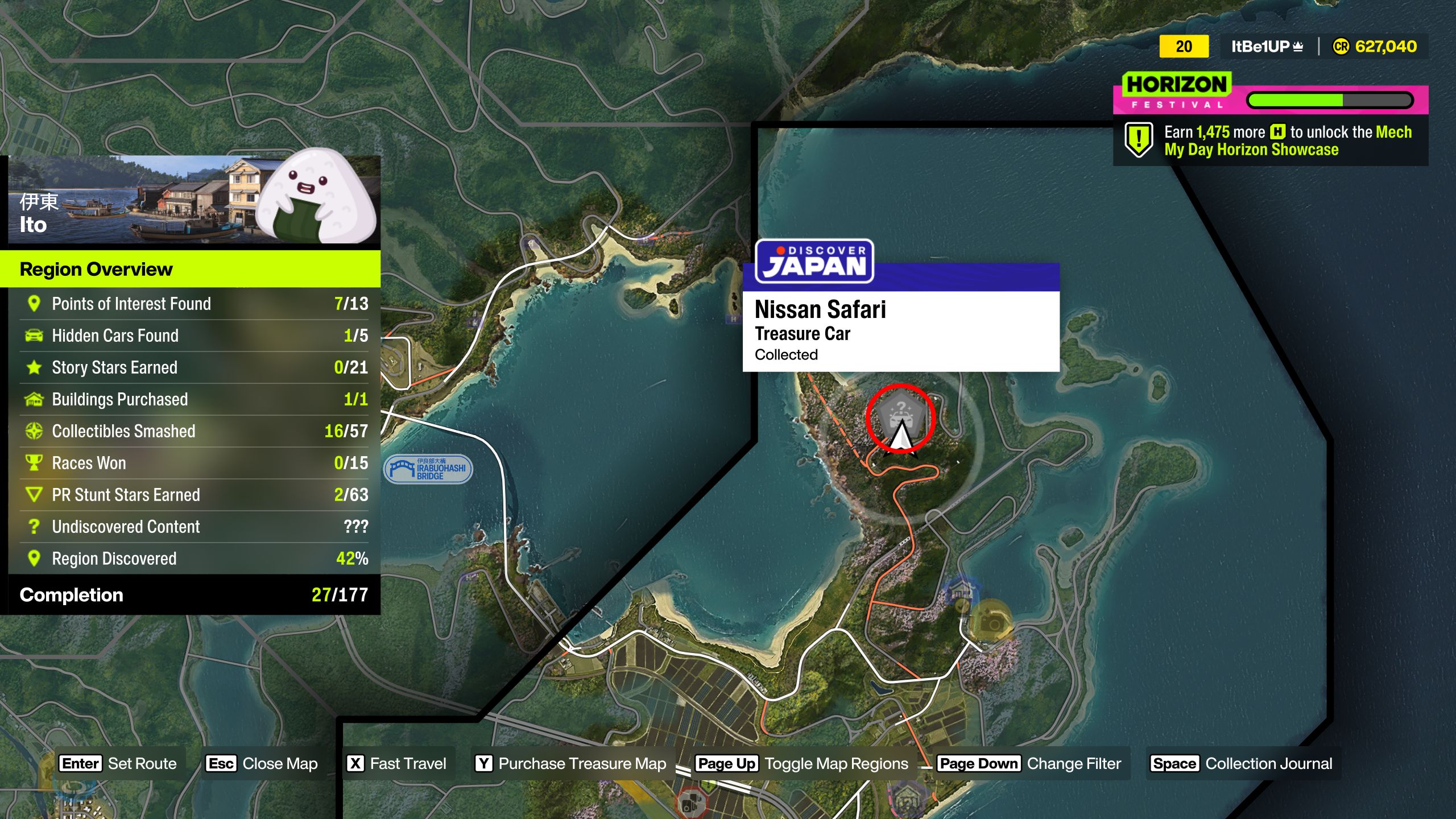 Forza Horizon 6 Treasure Cars: A map with a red circle bringing attention to the location of a Treasure Car in the Ito region.