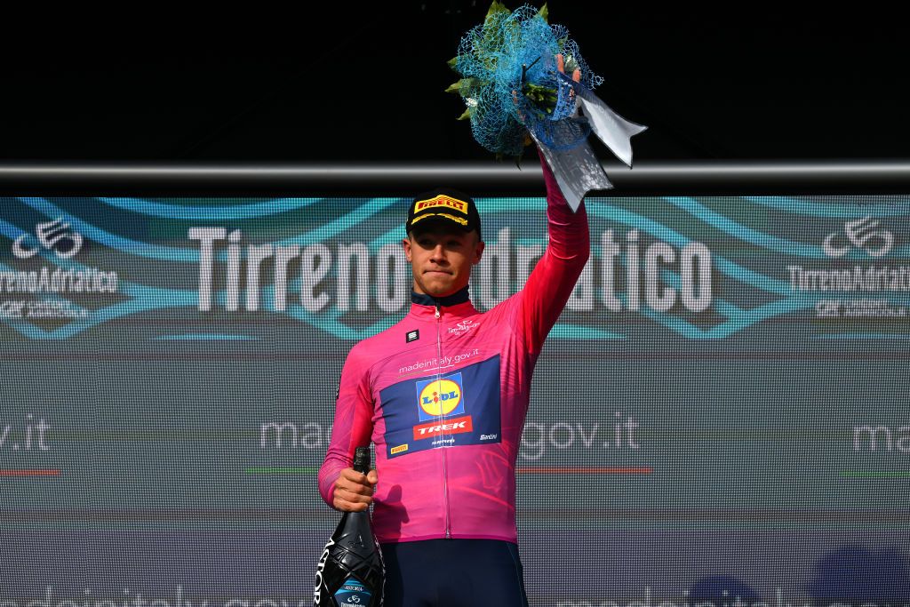 GUALDO TADINO ITALY MARCH 06 Jonathan Milan of Italy and Team LidlTrek celebrates at podium as Purple Sprint Jersey winner during the 59th TirrenoAdriatico 2024 Stage 3 a 225km stage from Volterra to Gualdo Tadino 527m UCIWT on March 06 2024 in Gualdo Tadino Italy Photo by Tim de WaeleGetty Images