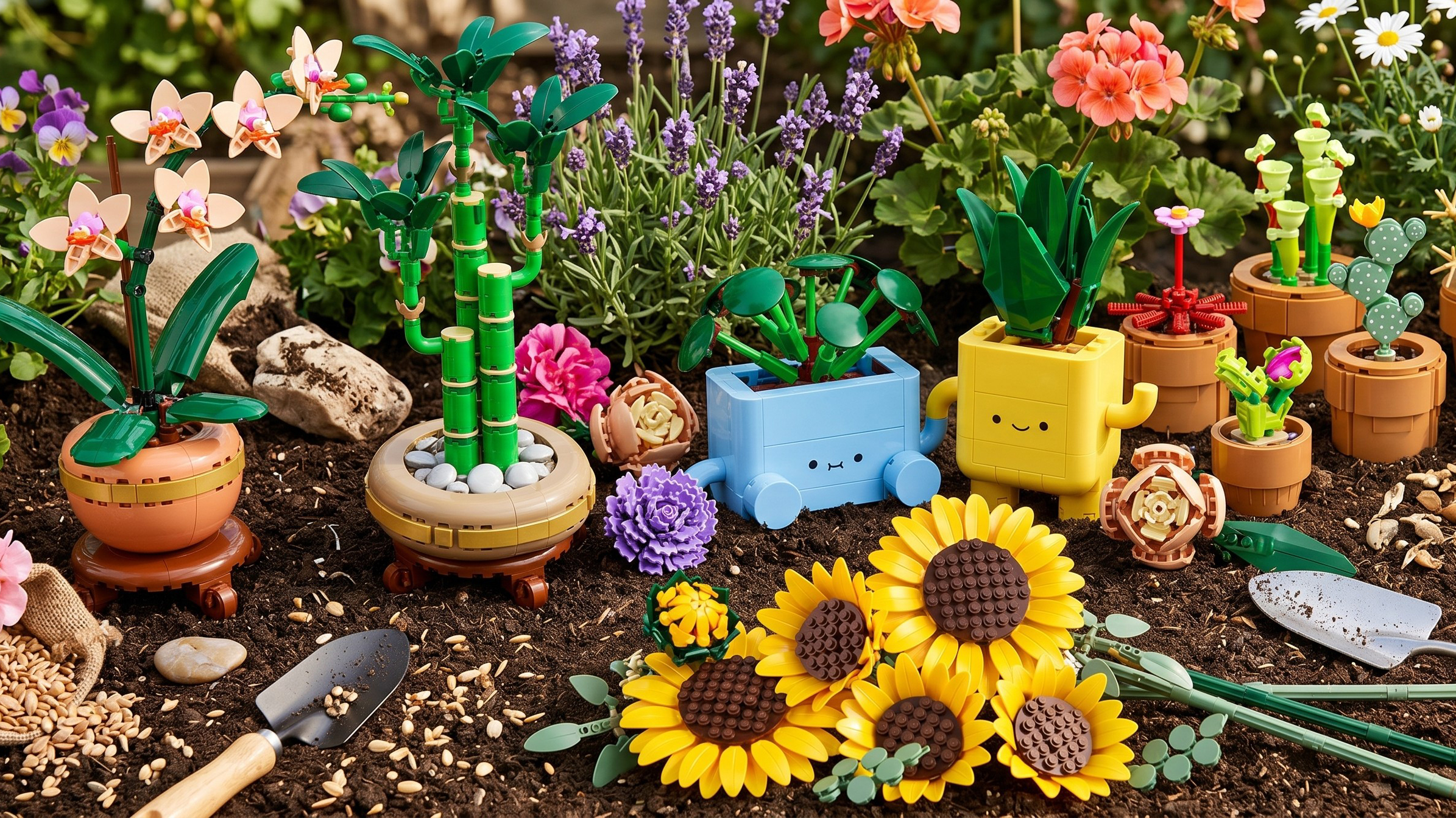 Selection of Lego botanicals sets in a real garden setting, with soil and plant pots