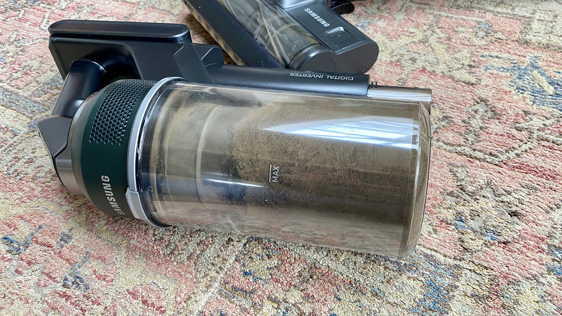 Close up of dust bin on Samsung Jet 85 Pet vacuum cleaner