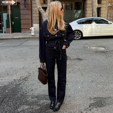 a woman wearing denim on denim. 