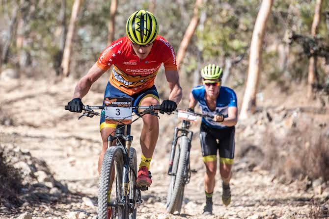 Race leader and eventual stage winner Alan Gordon of South Africa leads the Netherlands' Bart Classens on stage 4 of the 2019 Crocodile Trophy