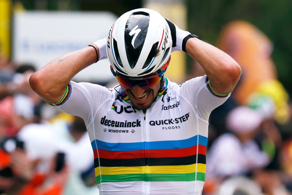 LANDERNEAU FRANCE JUNE 26 Julian Alaphilippe of France and Team Deceuninck QuickStep celebrates at arrival during the 108th Tour de France 2021 Stage 1 a 1978km stage from Brest to Landerneau Cte De La Fosse Aux Loups 176m LeTour TDF2021 on June 26 2021 in Landerneau France Photo by Chris GraythenGetty Images