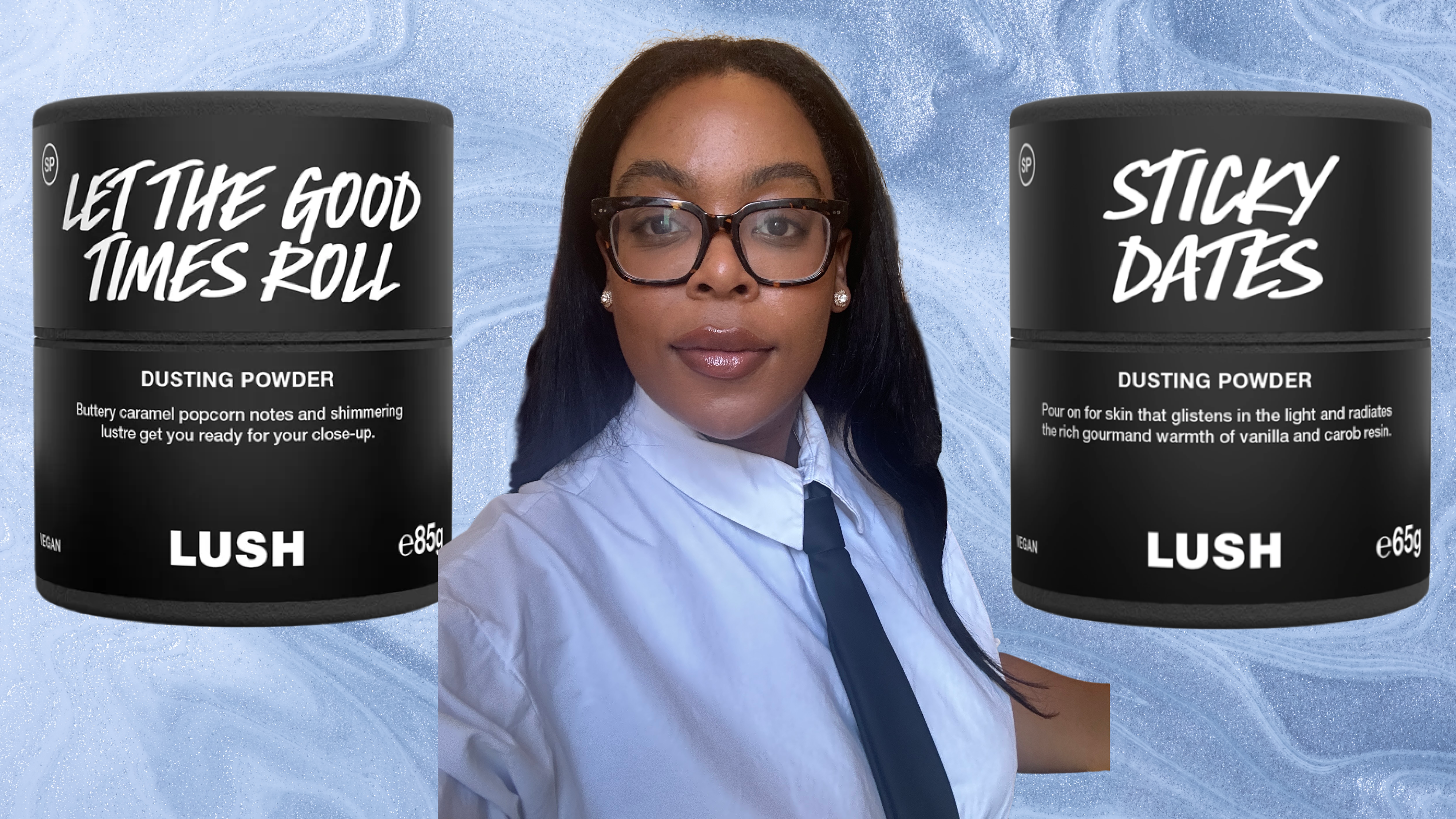 An image of a woman with long hair between two bottles of Lush dusting powders.