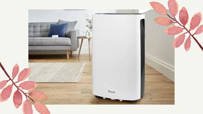 Swan dehumidifier with a white border around the image and two pink branches on each corner