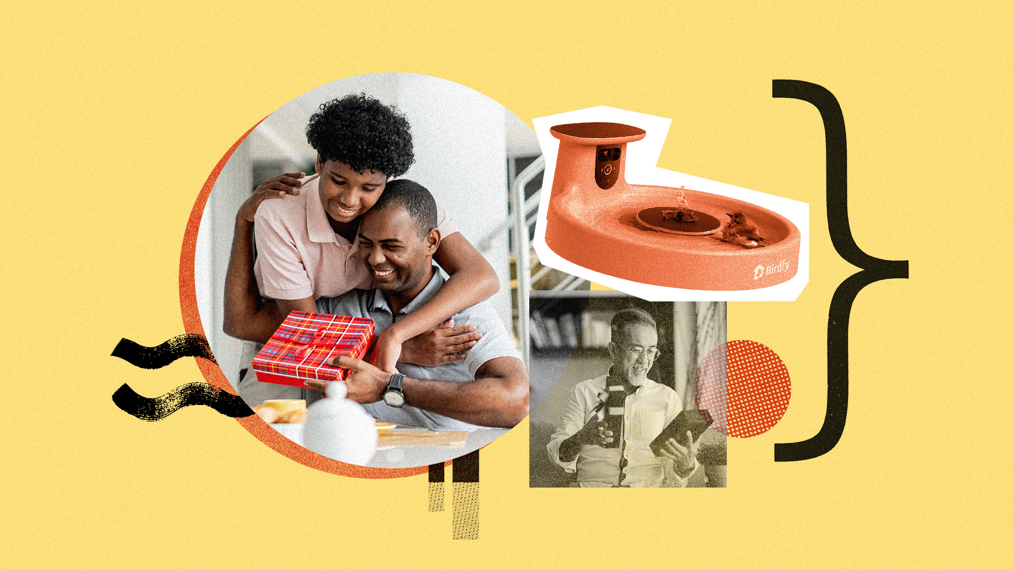 Photo collage of a father and son embracing, a smart bird bath, and a man opening a present