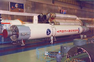 A prototype of Russia's Angara rocket at the Khrunichev assembly facility.