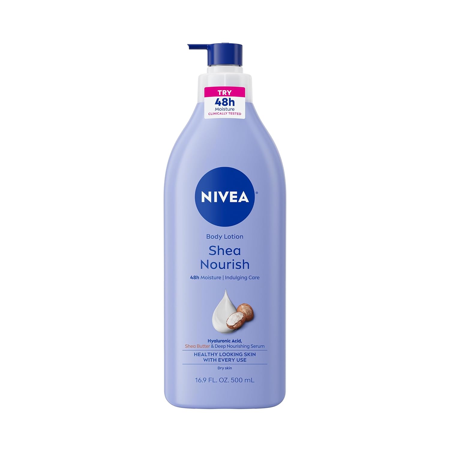 Nivea Shea Nourish Body Lotion for Dry Skin With Hyaluronic Acid, Shea Butter and Deep Nourishing Serum, 48-Hour Body Moisturizer, 16.9 Fl Oz Pump Bottle