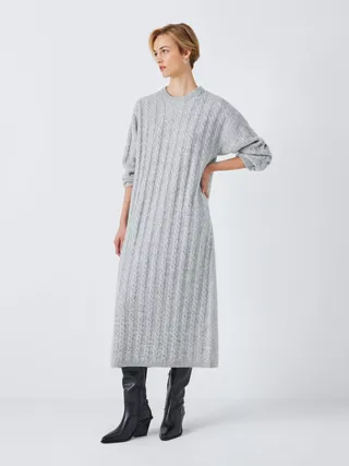 John Lewis Anyday Cable Knit Jumper Dress, Light Grey