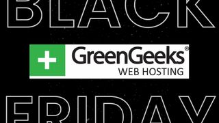 GreenGeeks logo in black with white boarder on a black background with Black Friday text at the top and bottom