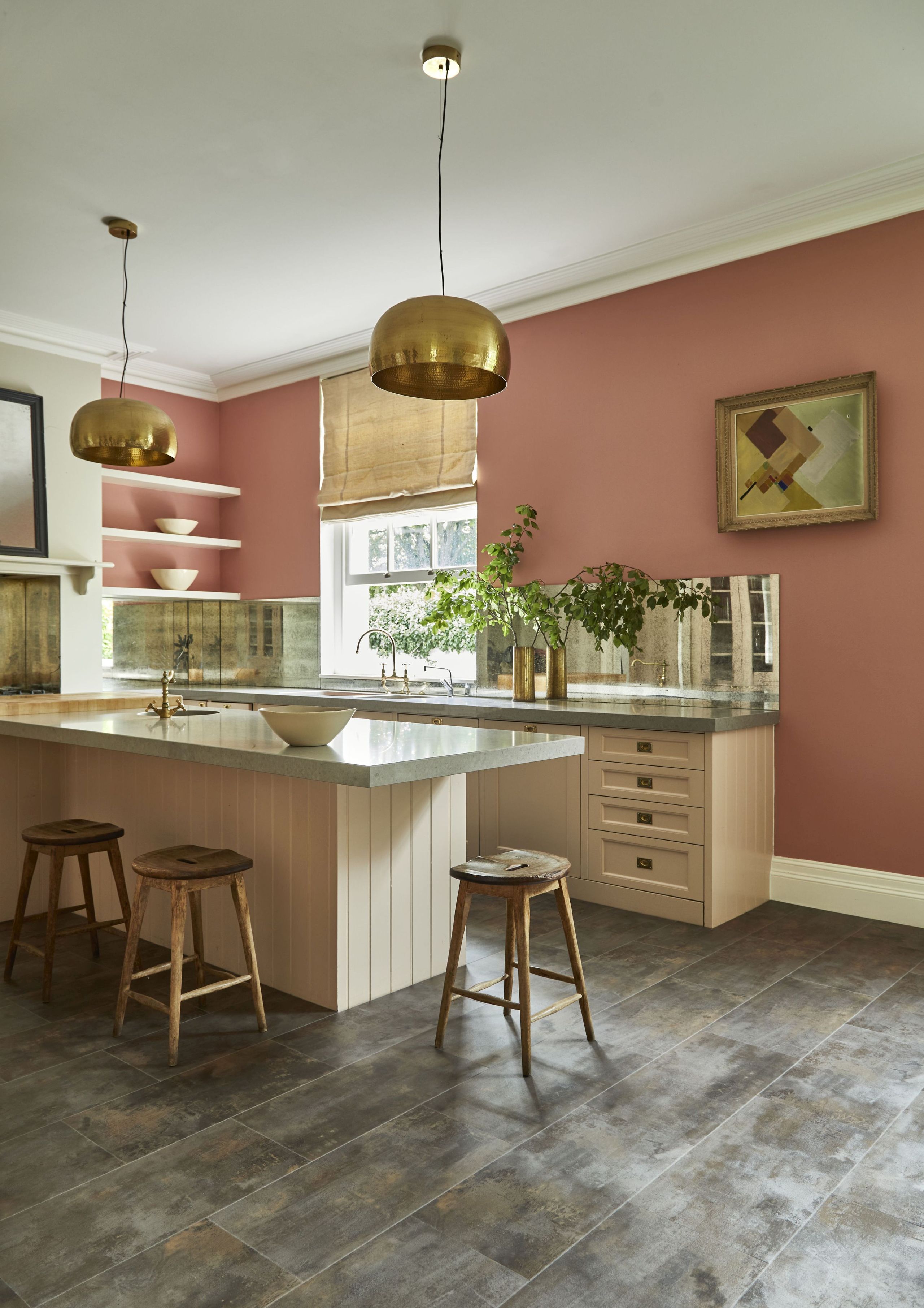 Kitchen ideas - pink kitchen with tiles on floor