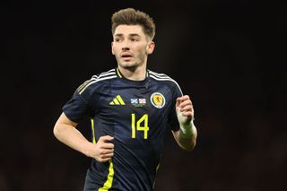 Billy Gilmour of Scotland during the international friendly match between Scotland and Northern Ireland at Hampden Park on March 26, 2024 in Glasgow, Scotland.(Photo by AMA Archive - AMA/Getty Images)