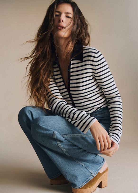 Drew Cardigan - Cream/ Navy - Merino Wool - S&amp;eacute;zane