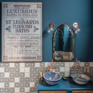 pretty patterned tiles and unique bowl sinks in bathroom