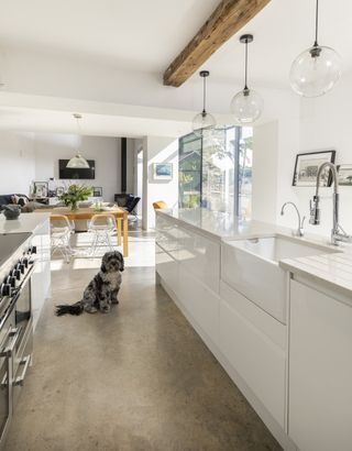 polished concrete in white kitchen with large glass doors