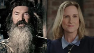 Phil Robertson on Duck Dynasty, and Korie Robertson from Duck Dynasty: The Revival, pictured side by side.