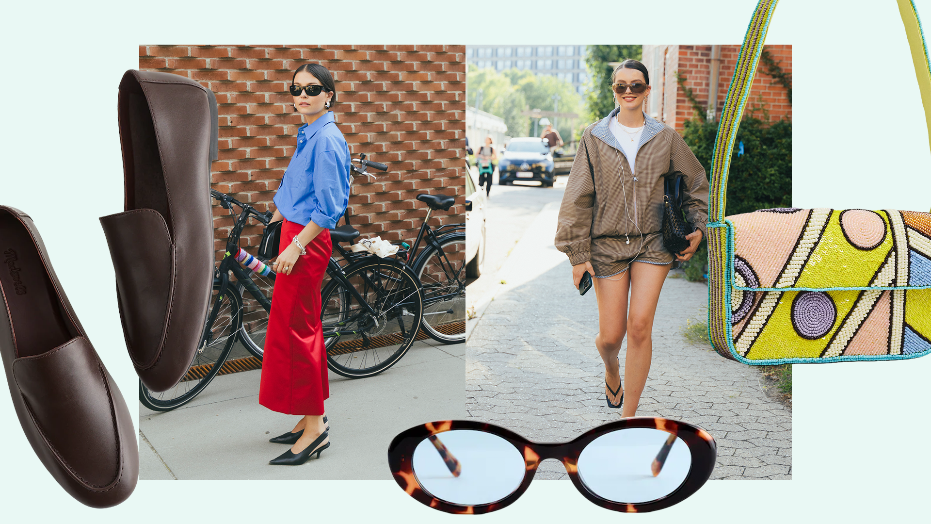 One woman wears red skirt, blue button down, and black heels. The other woman wears matching plaid windbreaker and mini short set. The image also depicts products from article. 