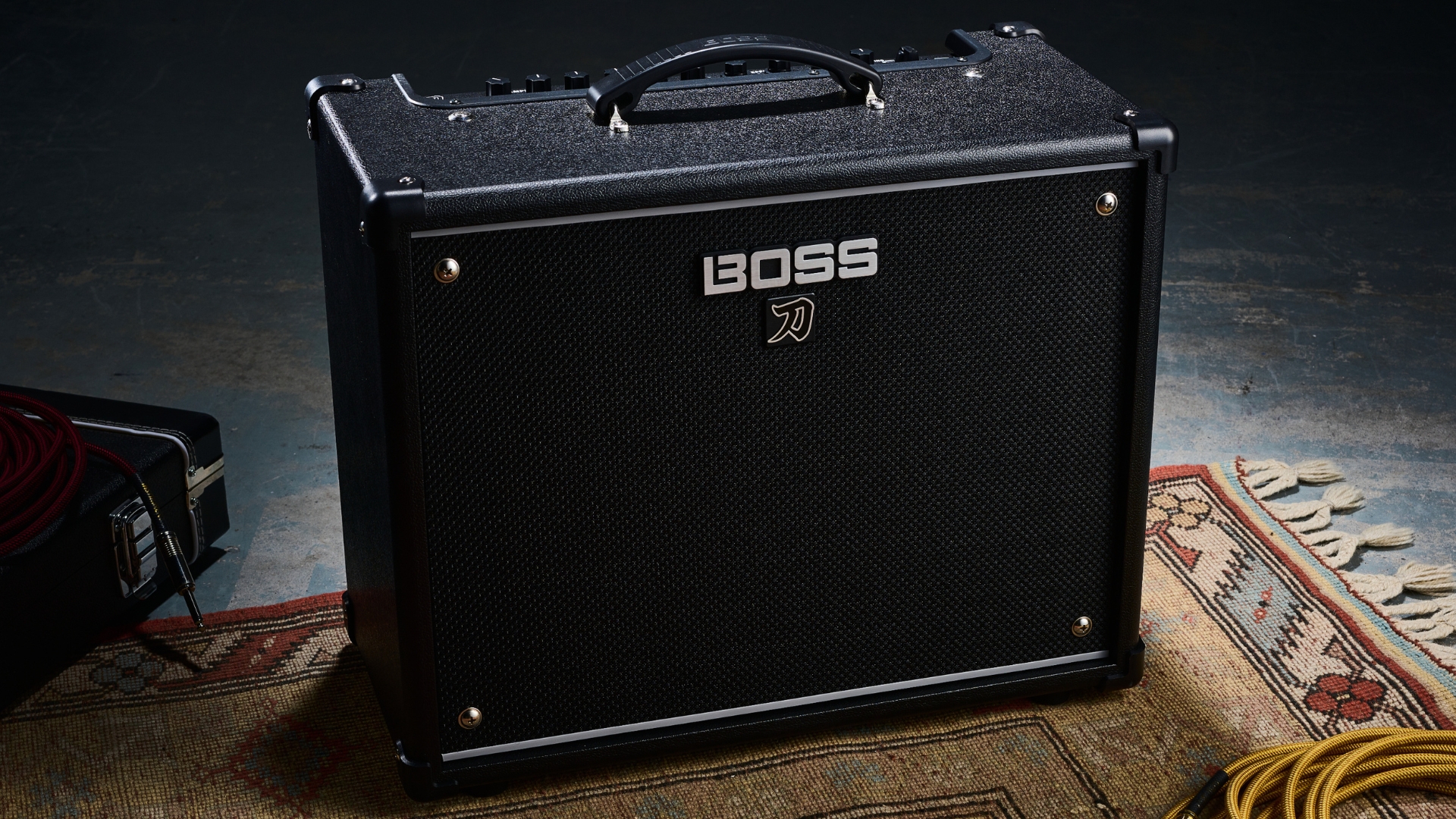 A Boss Katana 50 Gen 3 combo amp on a rug