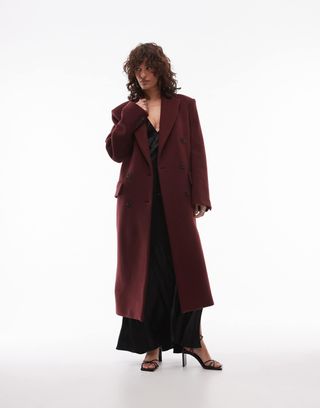 Arket Wool Blend Double Breasted Maxi Coat in Dark Burgundy