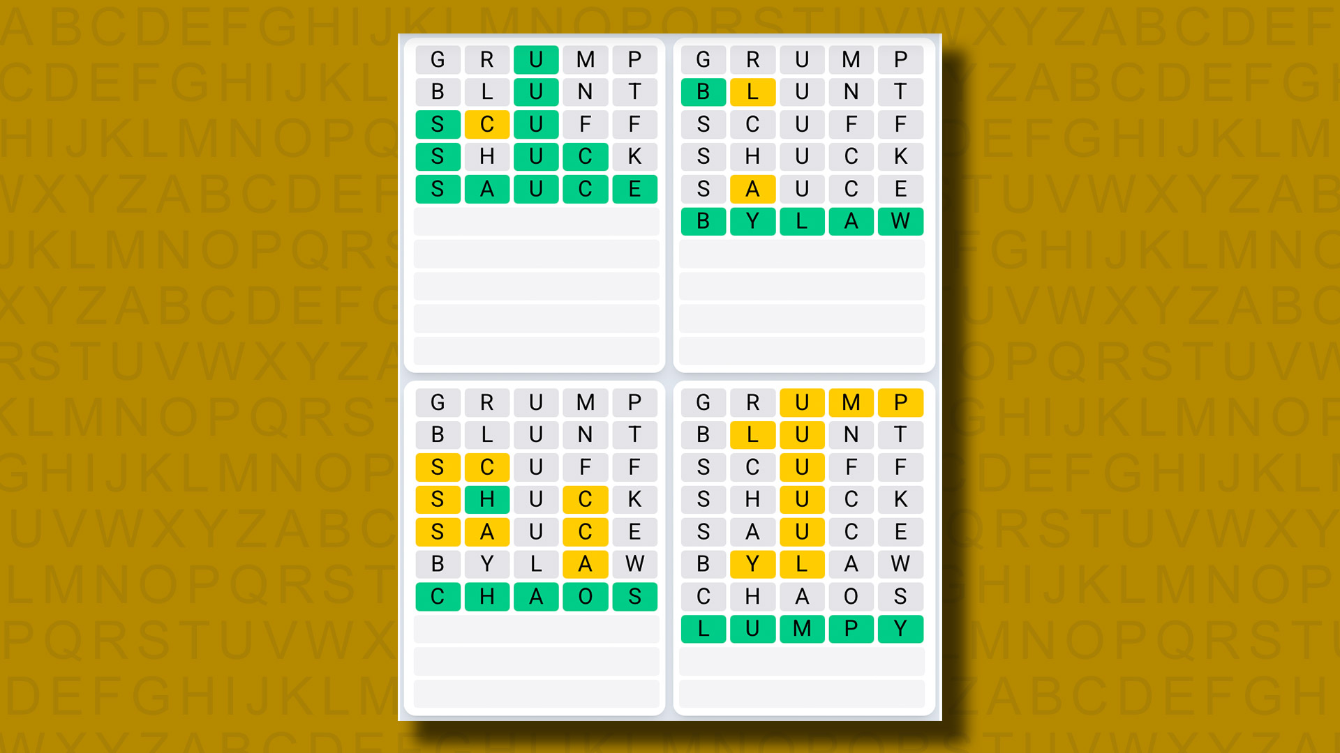 Quordle Daily Sequence answers for game 1334 on a yellow background