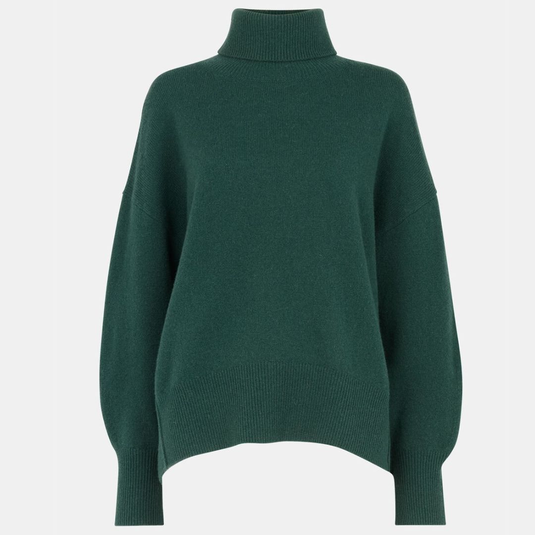 Whistles Dark Green Wool Roll Curved-Hem Knit