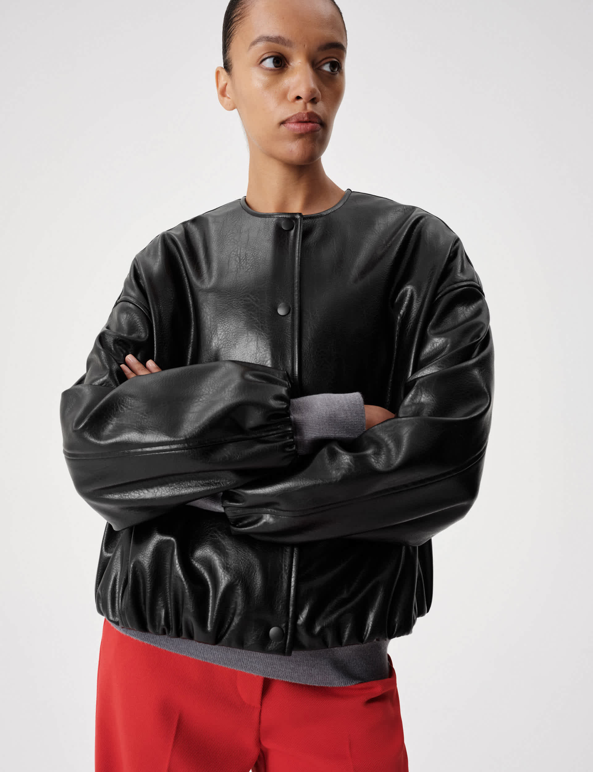 Faux Leather Bubble Hem Bomber Jacket