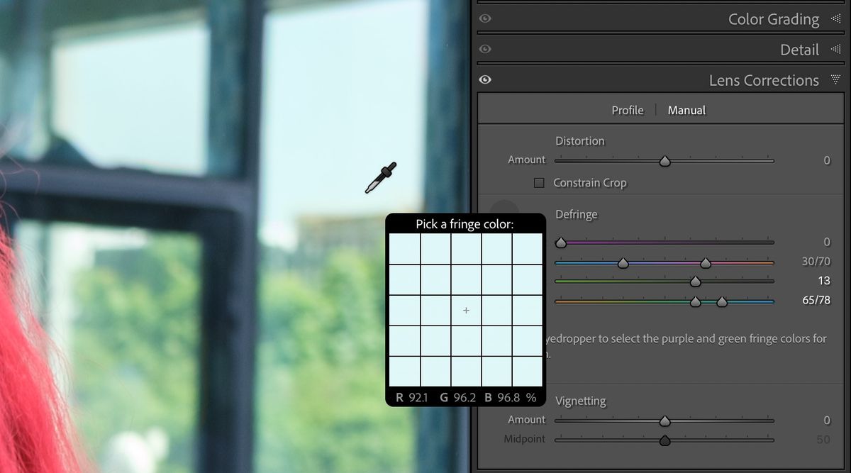 Adobe Lightroom Defringe eyedropper sampling a pale blue area with updated green fringe correction settings visible.