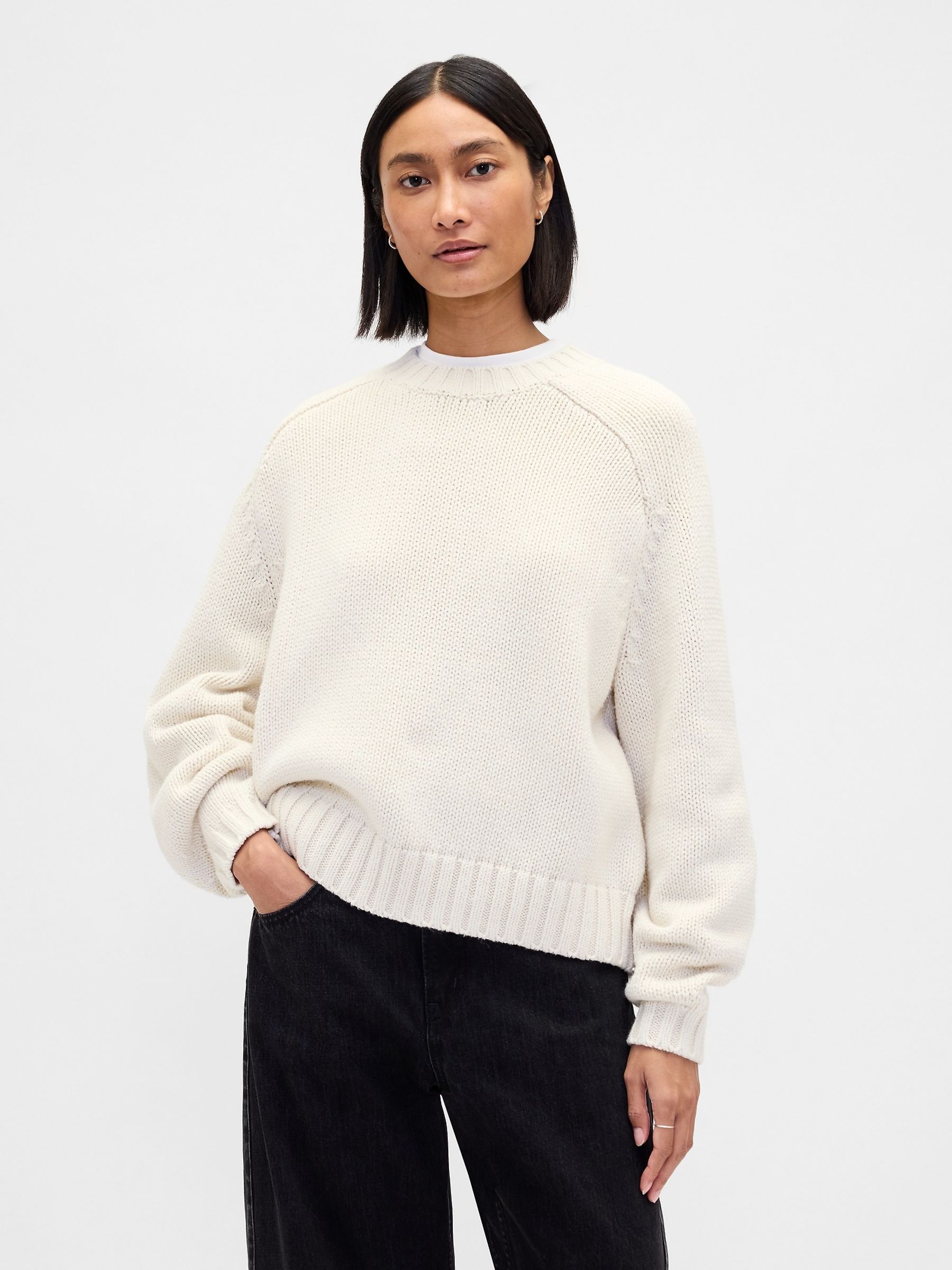 Cream Relaxed Saddle-Sleeve Crew Neck Jumper