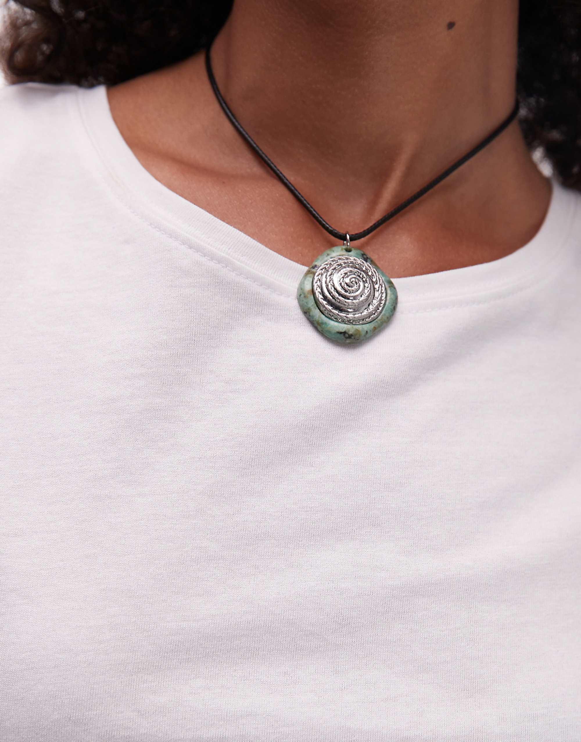 Topshop Felix Cord Necklace With Textured Pendant in Silver & Turquoise