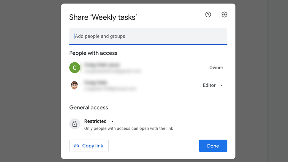 Google Drive sharing sheet
