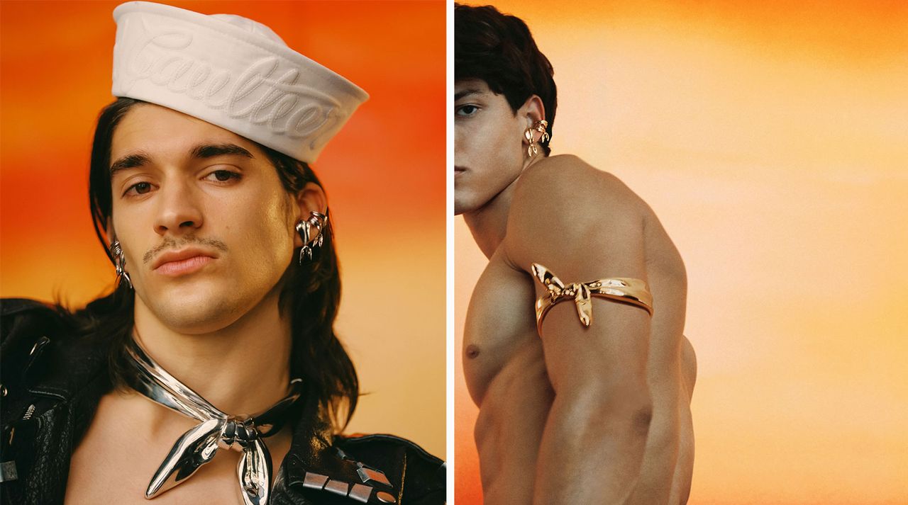 Men against an orange background wearing a sailor hat and a golden knot around the arm, part of Jean Paul Gaultier studio ready to wear collection