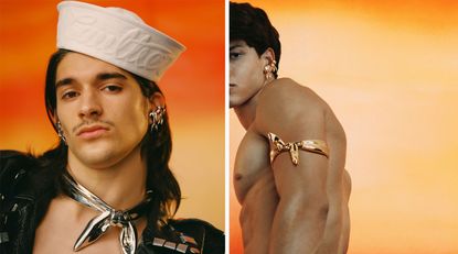 Men against an orange background wearing a sailor hat and a golden knot around the arm, part of Jean Paul Gaultier studio ready to wear collection