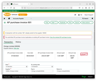 The Sage Intacct system recognising duplicate invoices