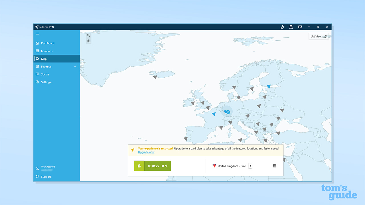 Screenshot of Hide.me Free VPN map and homepage