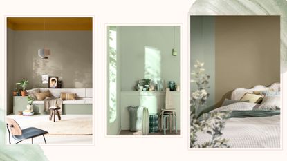 Collage of three rooms painted in Soulful Sage Dulux Colour of the year 2027