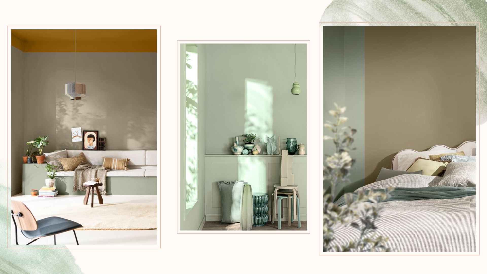 Collage of three rooms painted in Soulful Sage Dulux Colour of the year 2027