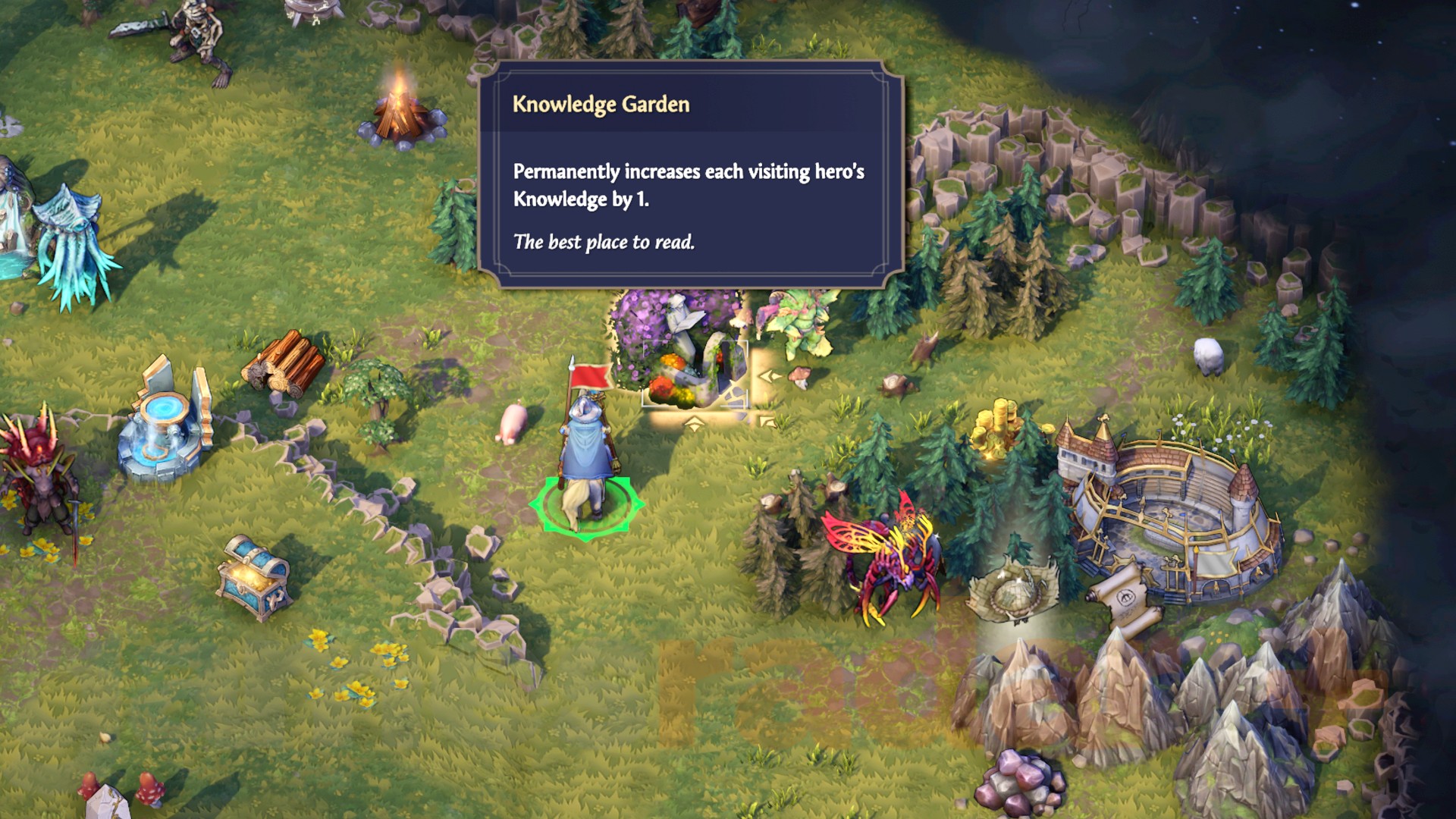 A hero visits a Knowledge Garden to increase their maximum mana in Heroes of Might and Magic Olden Era.