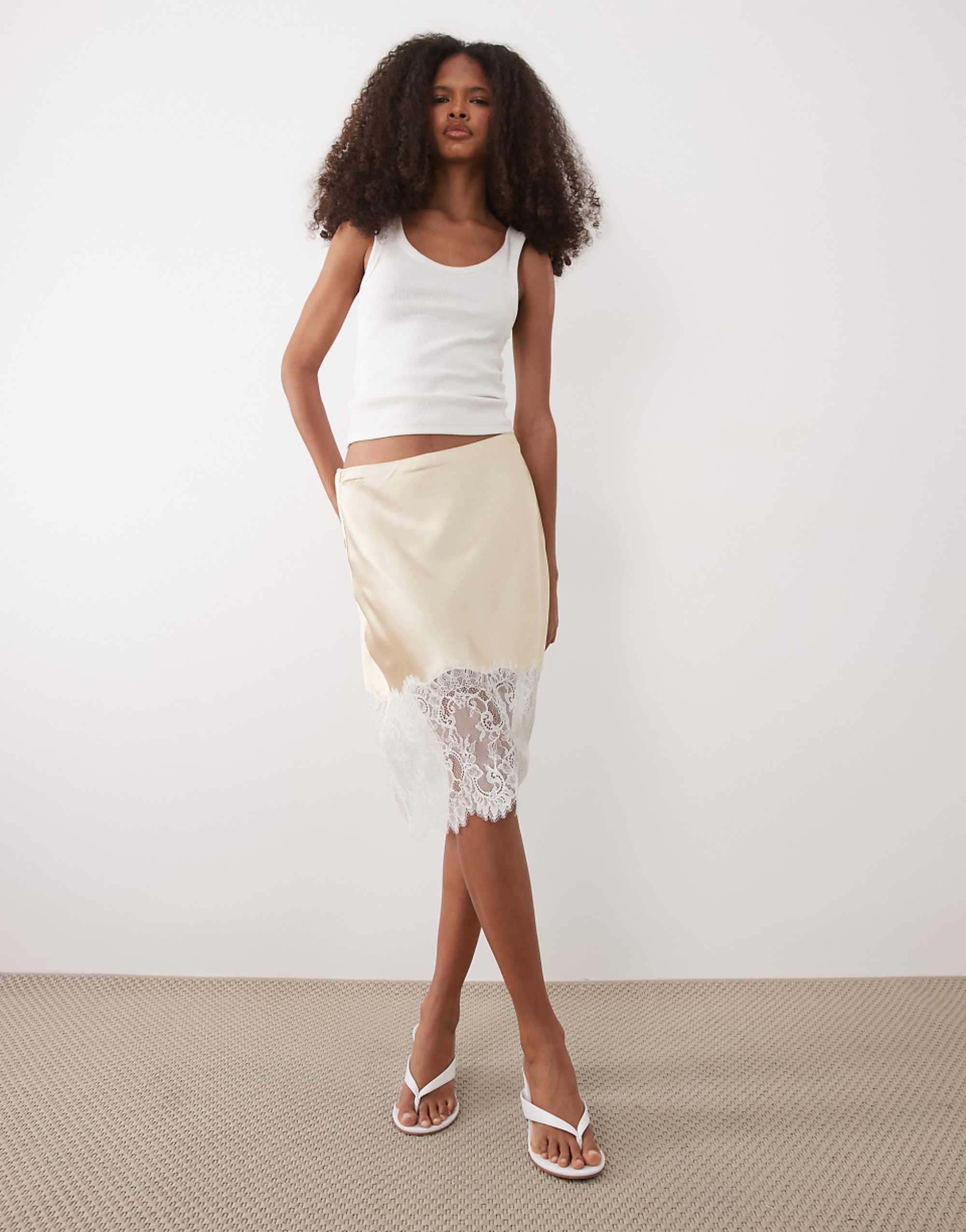 Mango Satin and Lace Knee Length Skirt in Beige