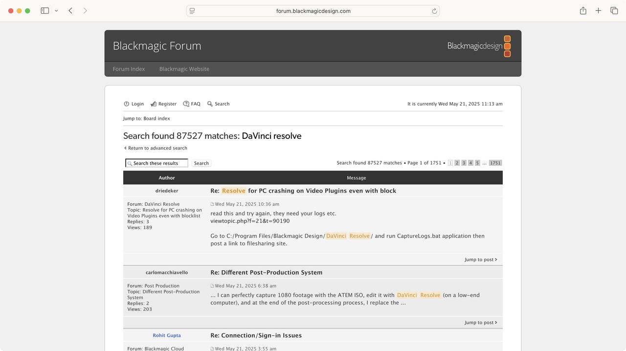 Screenshot of Blackmagic Design Customer Support