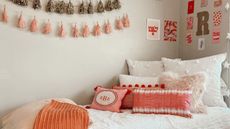A boho dorm room with colorful decorations