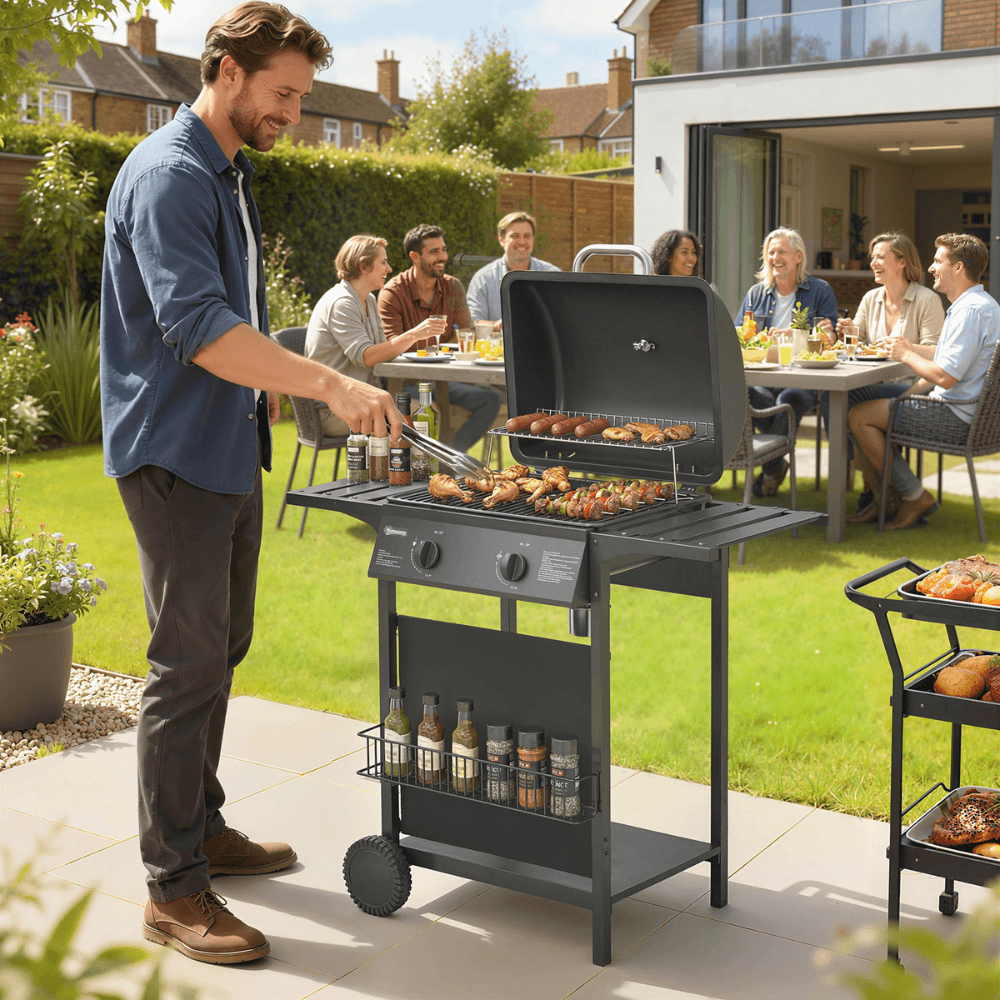 A man using an Outsunny gas burner BBQ and behind him are a group of people sitting at a table