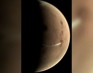 A camera aboard Mars Express captured this image of a lee cloud above Arsia Mons on Mars, on Oct. 10, 2018.
