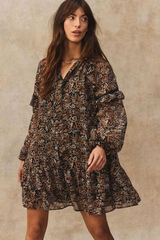 Next loral Tie Neck Ruffle Long Sleeve Boho Mini Dress