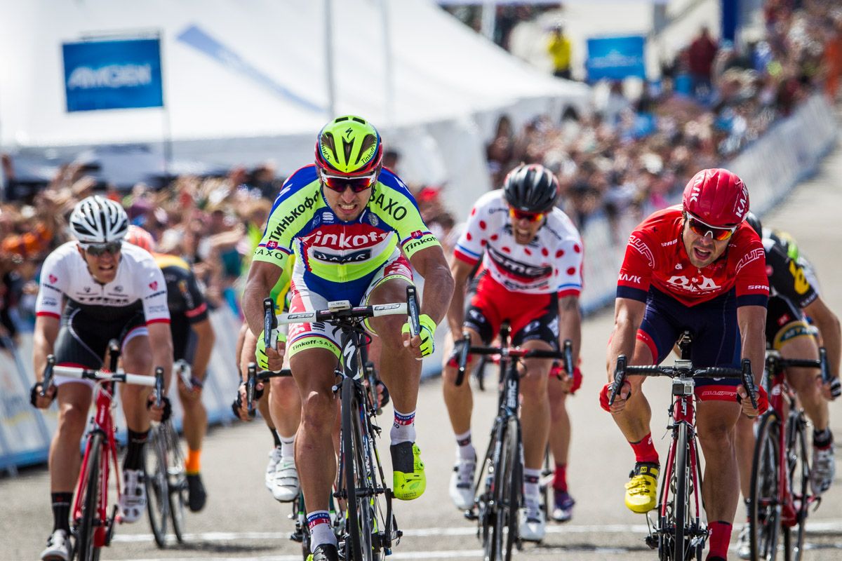 Peter Sagan (Tinkoff-Saxo) crosses the line in Avila Beach