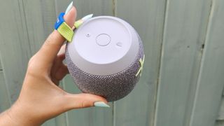 Ultimate Ears Wonderboom 3 review: speaker from the top against blue shed