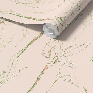 Close up of eco-friendly pink wallpaper with tropical leaves on it from Seed Home Design