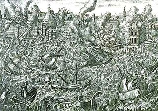 An engraving of a tsunami following the 1755 Lisbon earthquake.