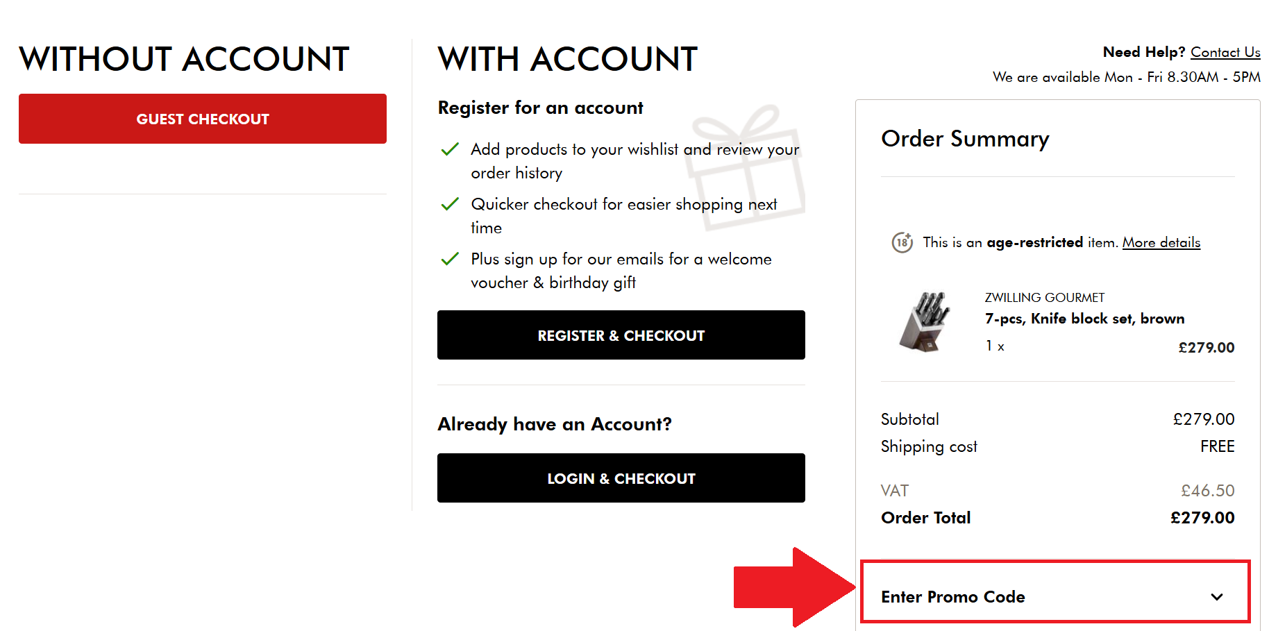 A screenshot of the Zwilling checkout page showing where to enter a Zwilling discount code