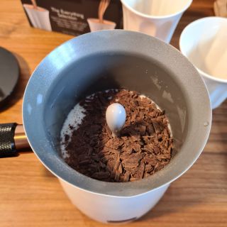 Hot chocolate powder and milk in the Hotel Chocolat Velvetiser